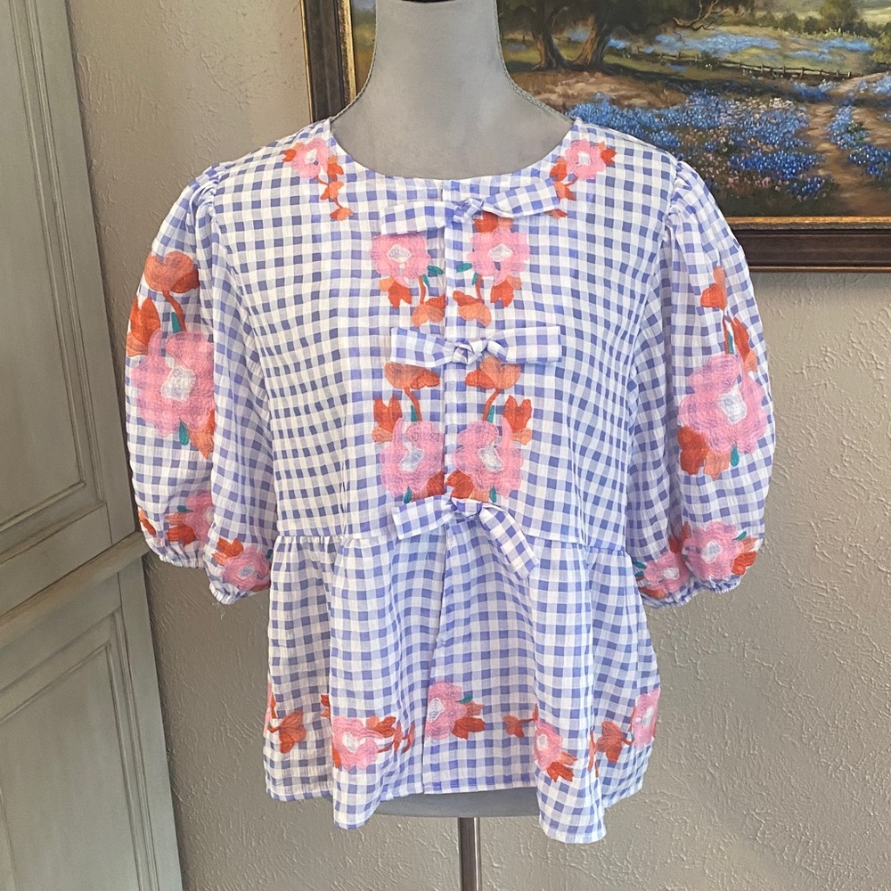 BiBi Women's Blue Gingham Blouse with Pink Floral Accents
